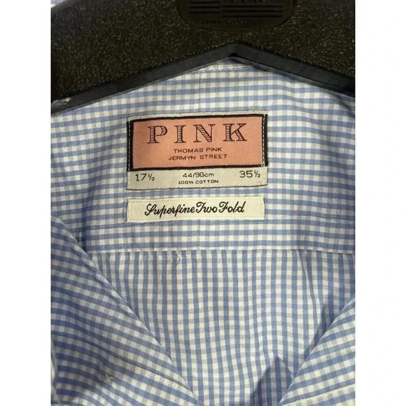 THOMAS PINK Dress Shirt Mens Size 35.5 Blue Gingham Superfine Two Fold Button Up - Picture 2 of 5